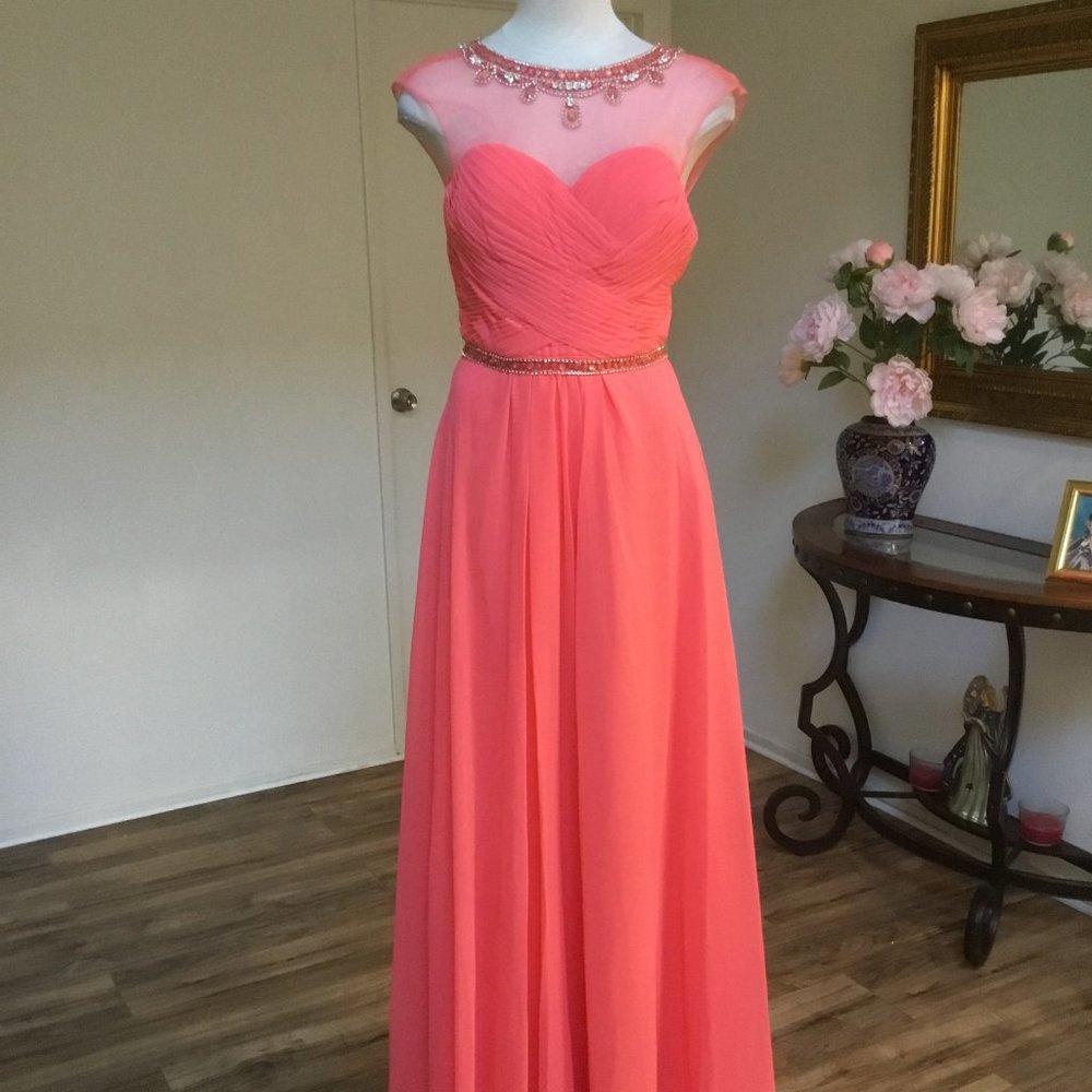 DANCING QUEEN Formal Maxi Long Dress Rhinestones Sleeveless Prom Coral XS